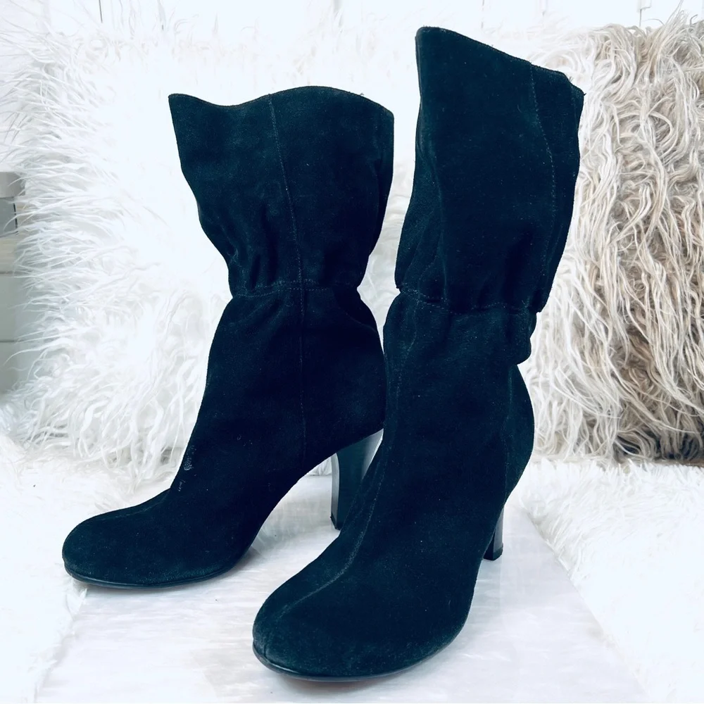 VINTAGE Rocker CHIC sz 7M Black Suede Leather Gathered High Heeled Boots